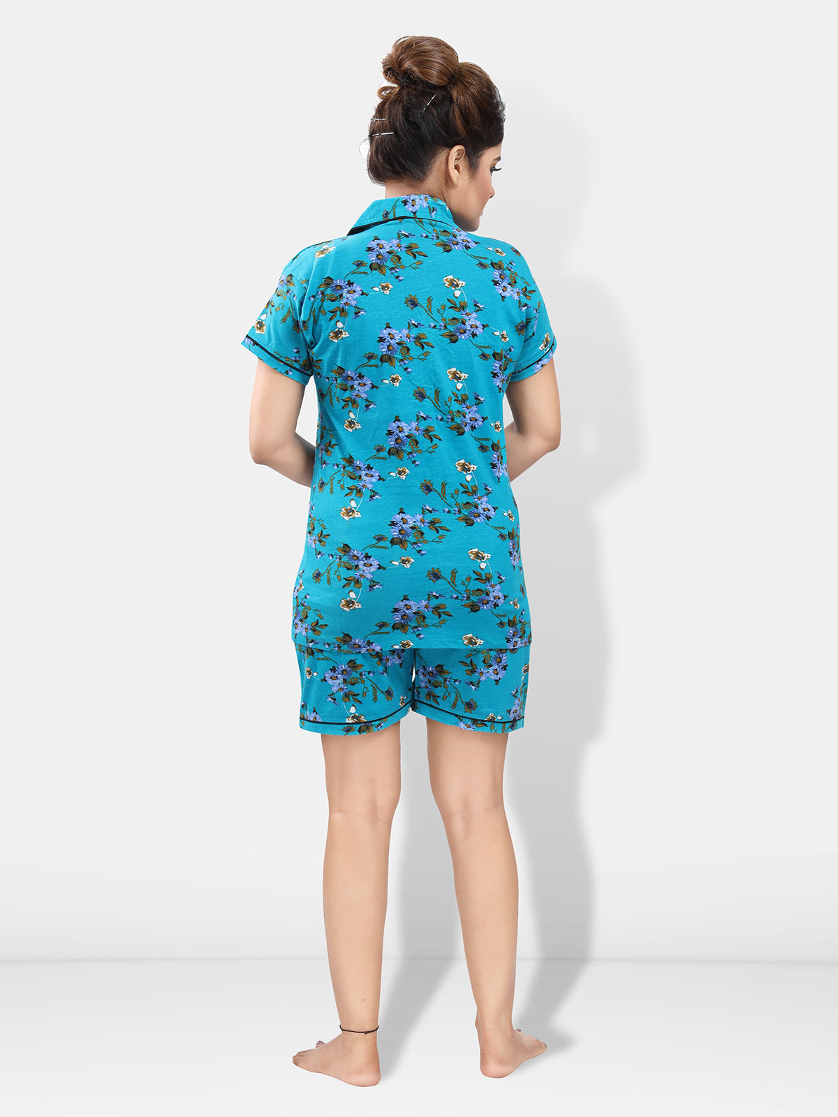 Blue Cotton Botanical Print Short Sleeves Pack of 1 Shirt & 1 Shorts for Women