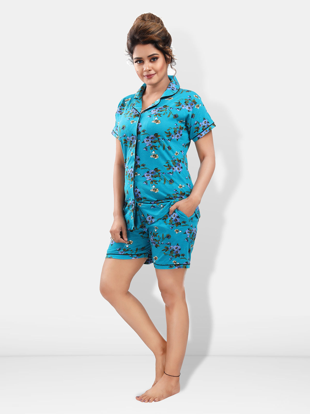 Blue Cotton Botanical Print Short Sleeves Pack of 1 Shirt & 1 Shorts for Women