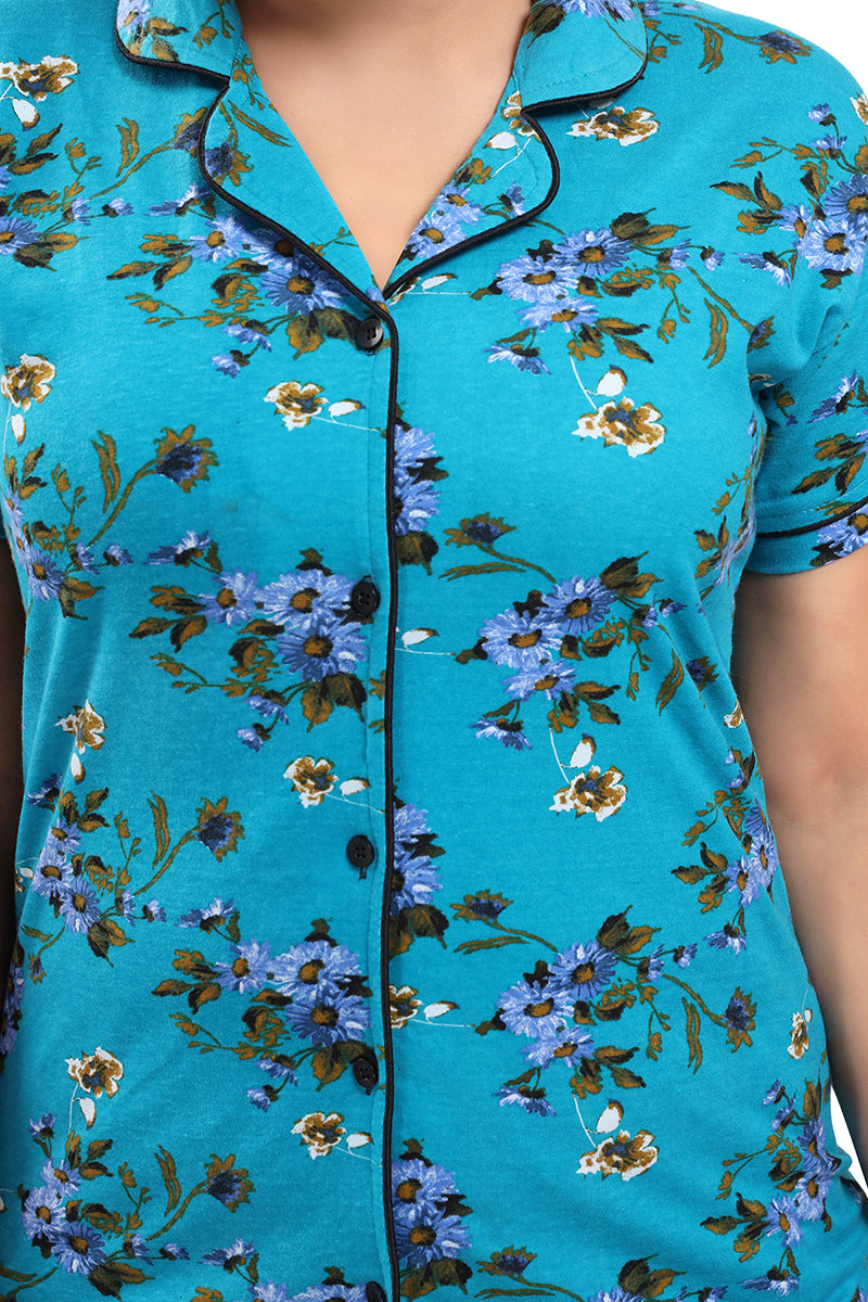 Blue Cotton Botanical Print Short Sleeves Pack of 1 Shirt & 1 Shorts for Women