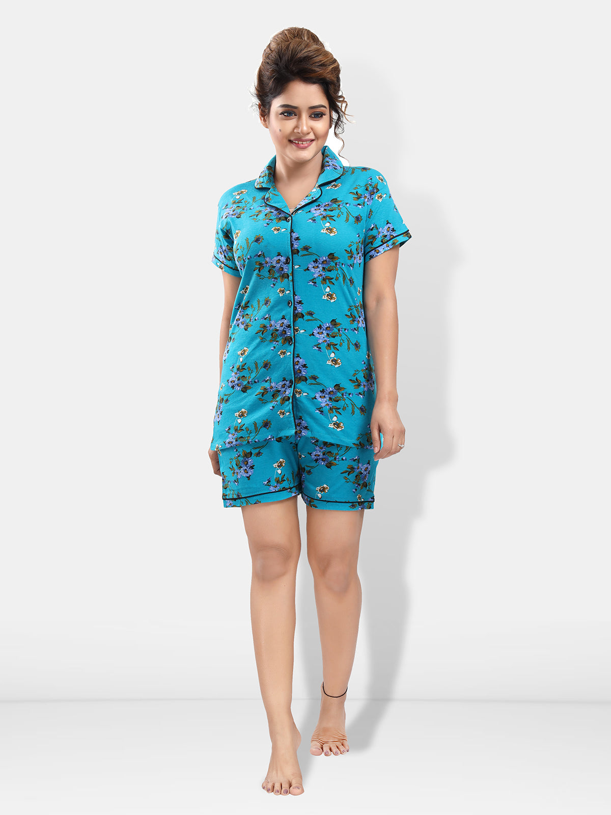 Blue Cotton Botanical Print Short Sleeves Pack of 1 Shirt & 1 Shorts for Women