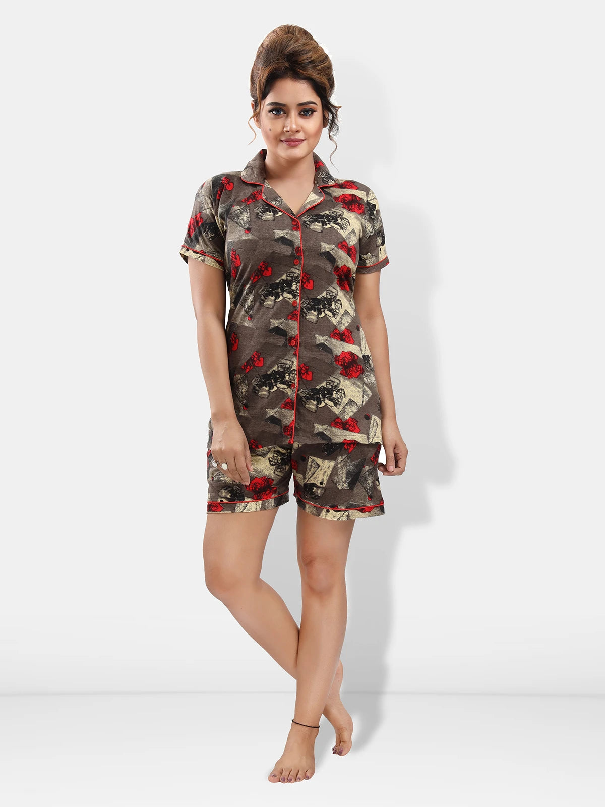 brown printed cotton night suit front view
