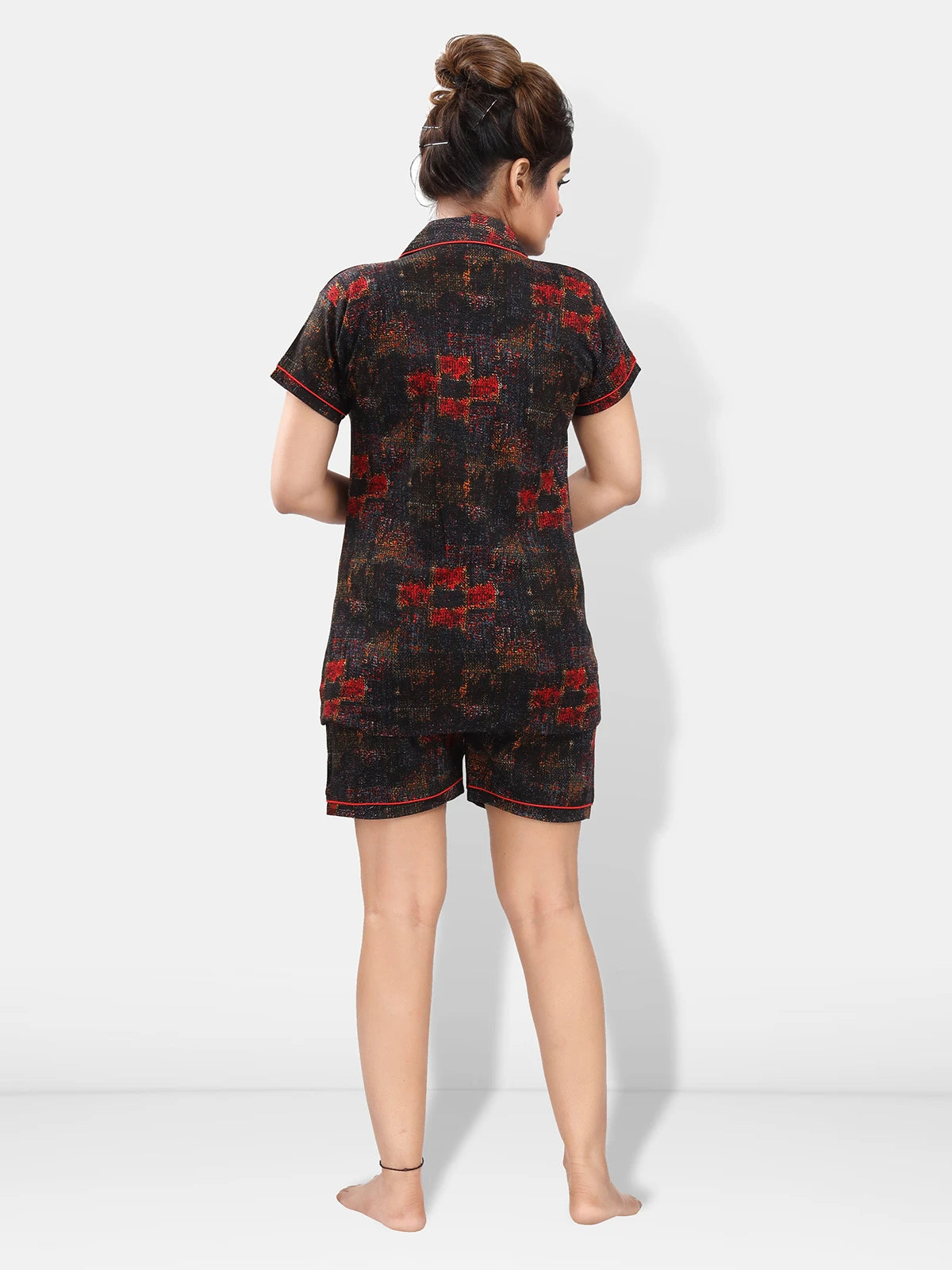 Abstract black red cotton night suit set
