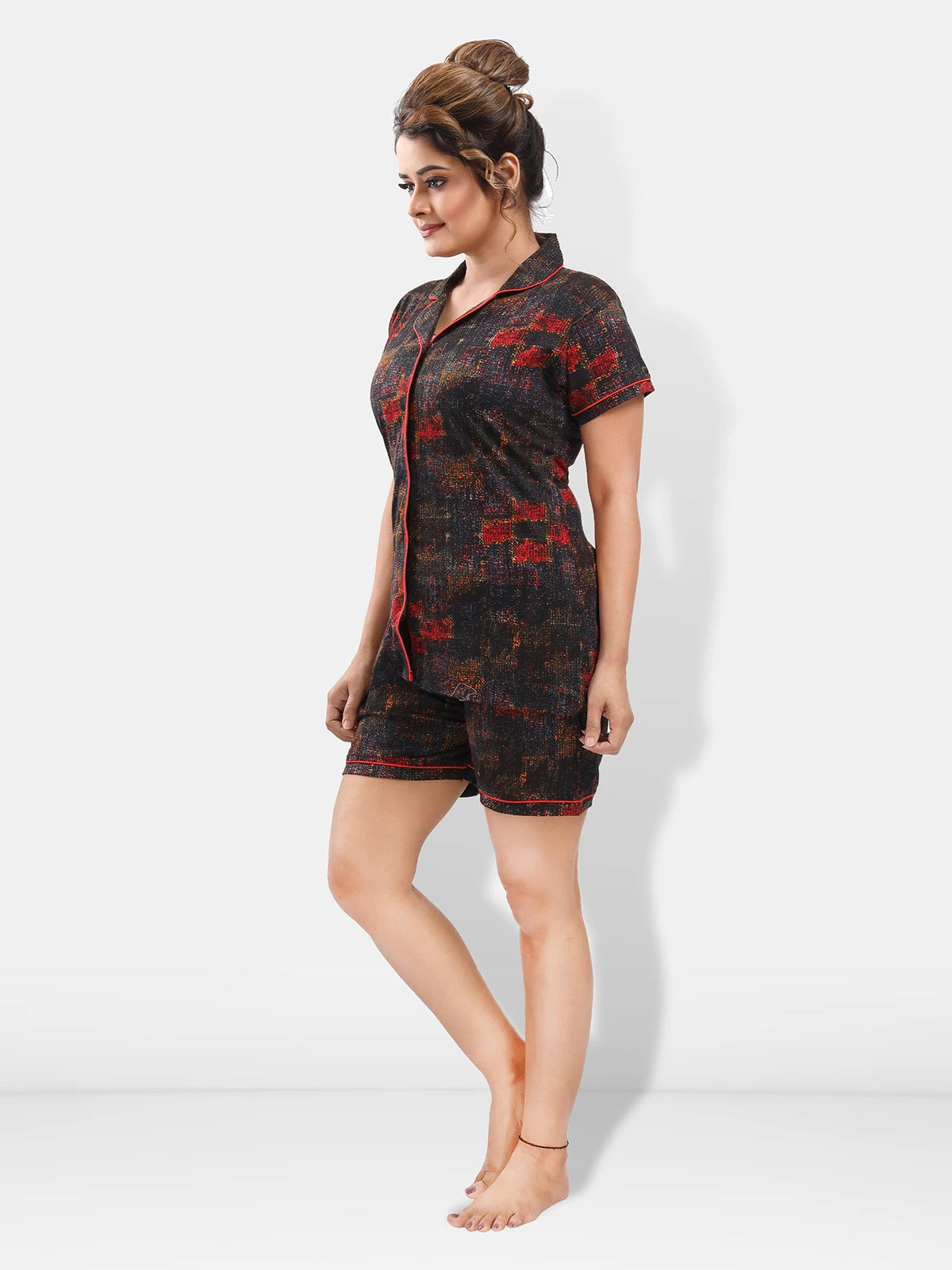 Black red printed women nightwear set