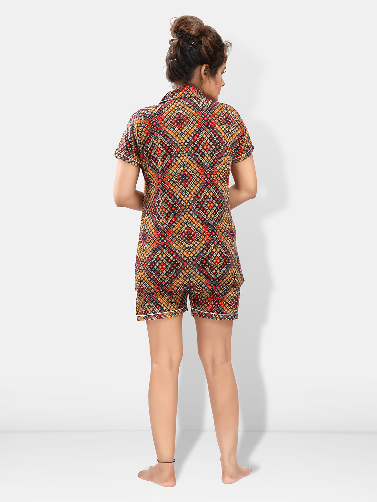 Multicolor Bandhani Print Cotton Shirt & Shorts Night Suit Set