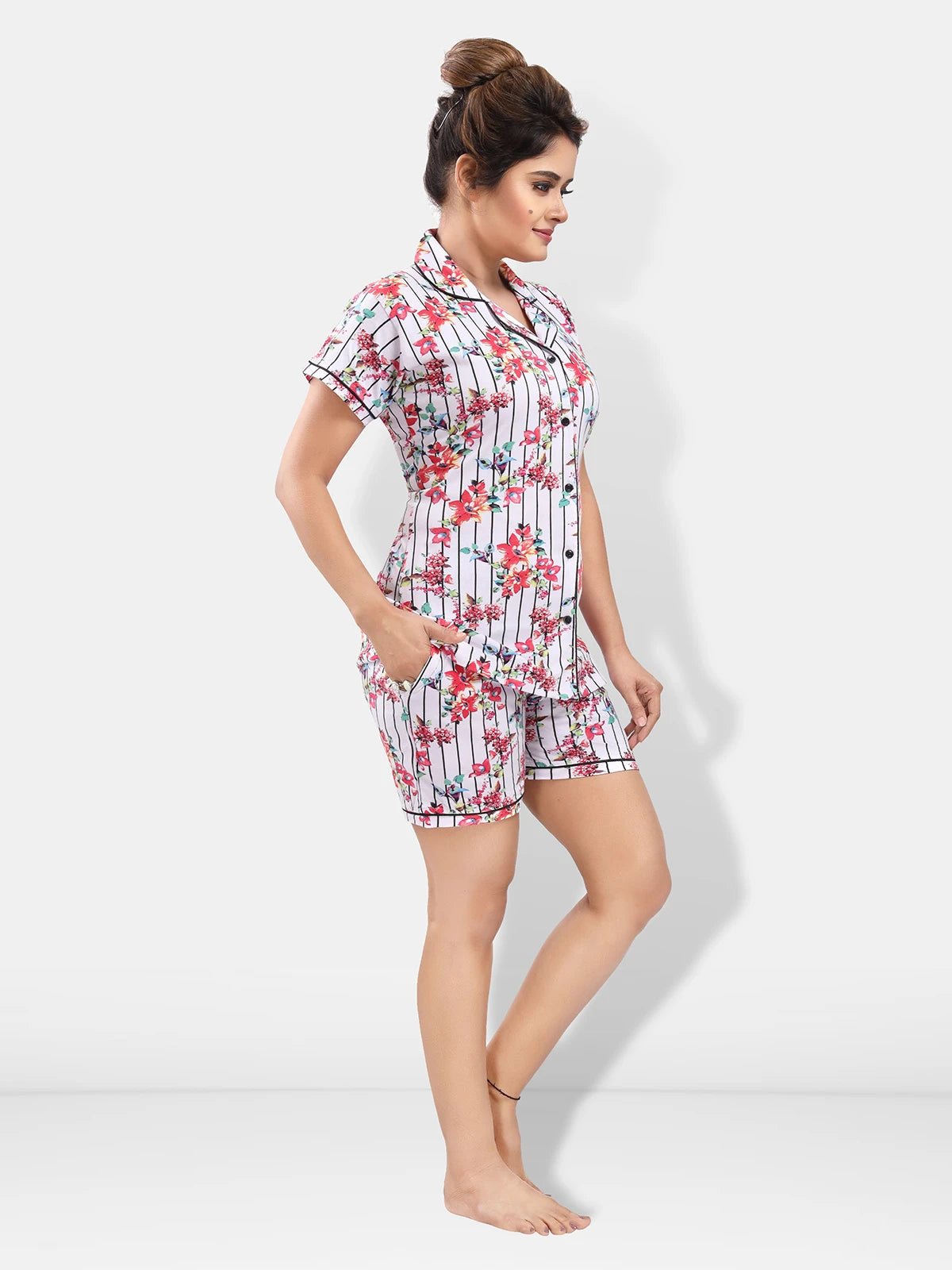 Botanical print women sleepwear shirt shorts
