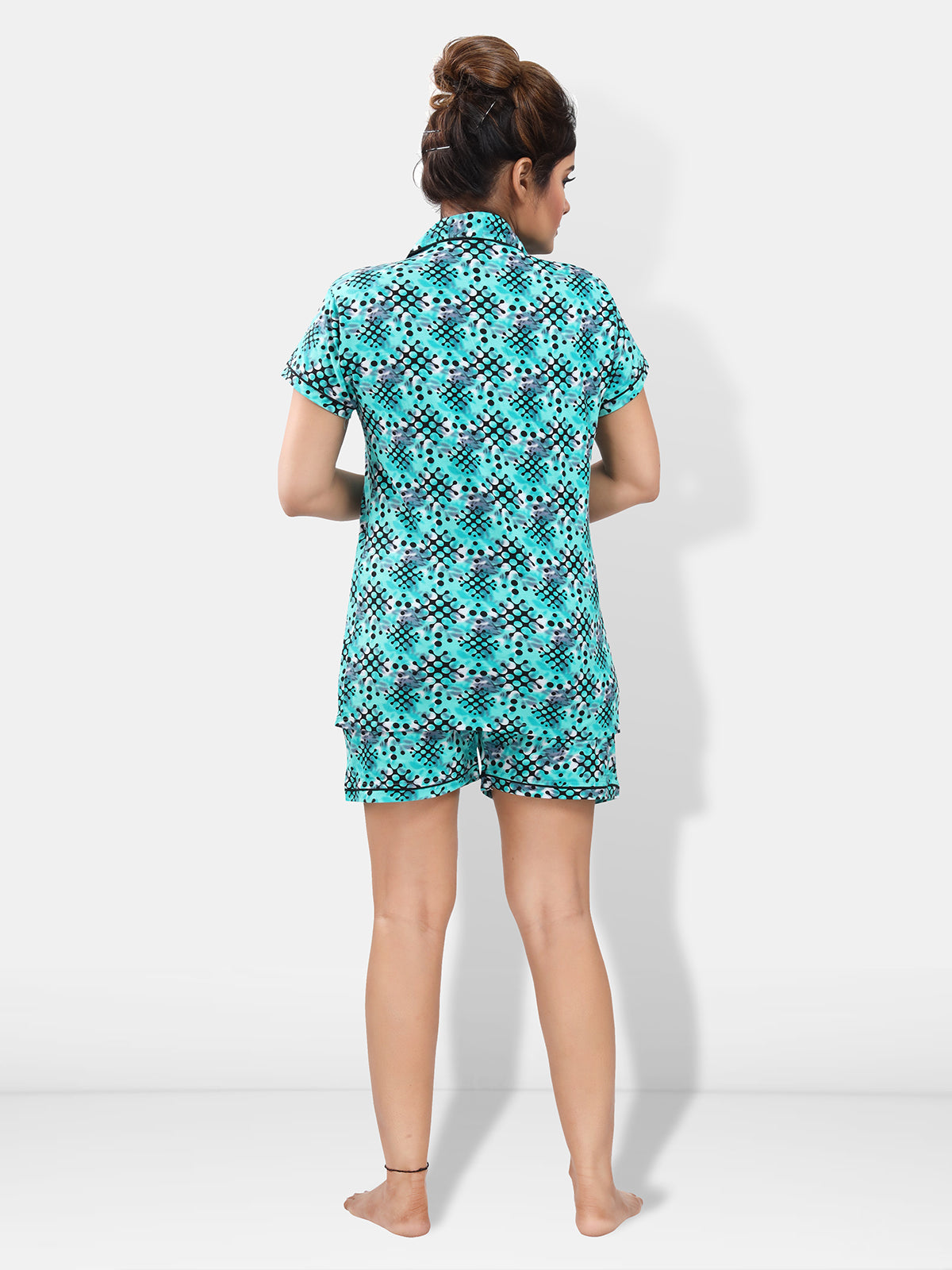 Turquoise Cotton Geometric Shirt & Shorts Night Suit