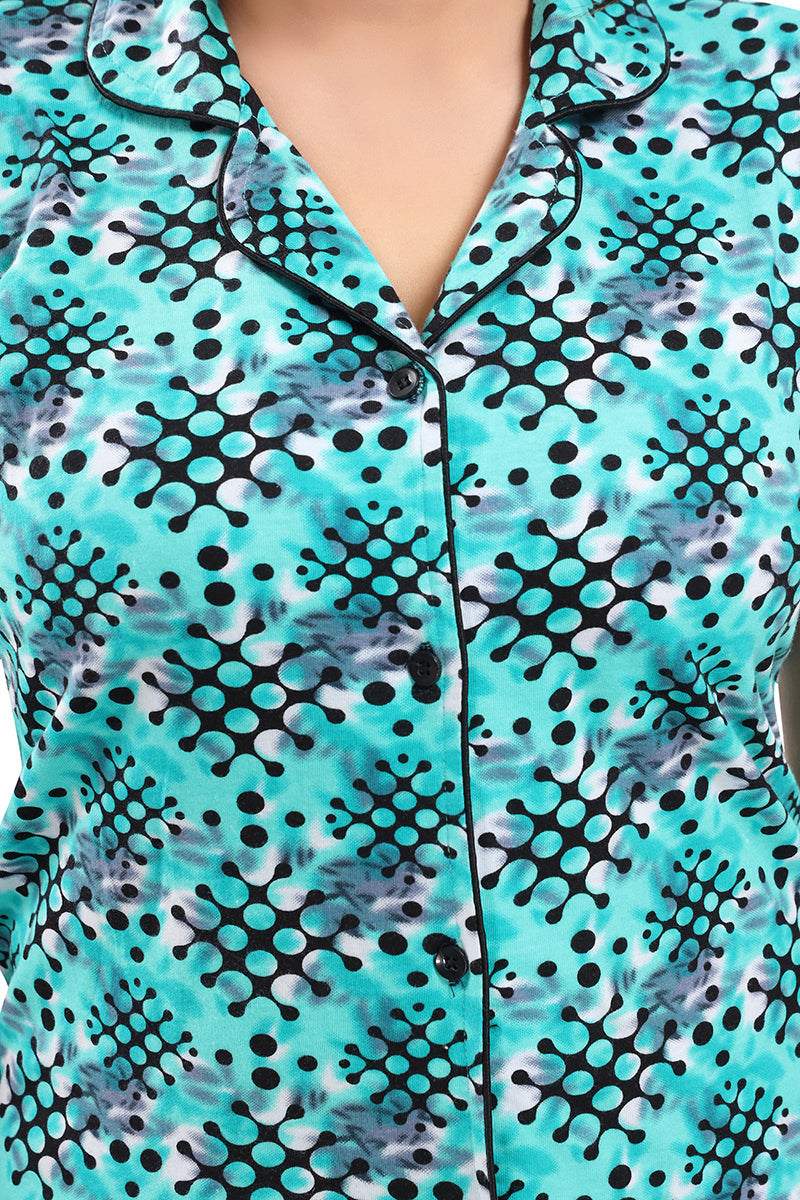 Turquoise Cotton Geometric Shirt & Shorts Night Suit