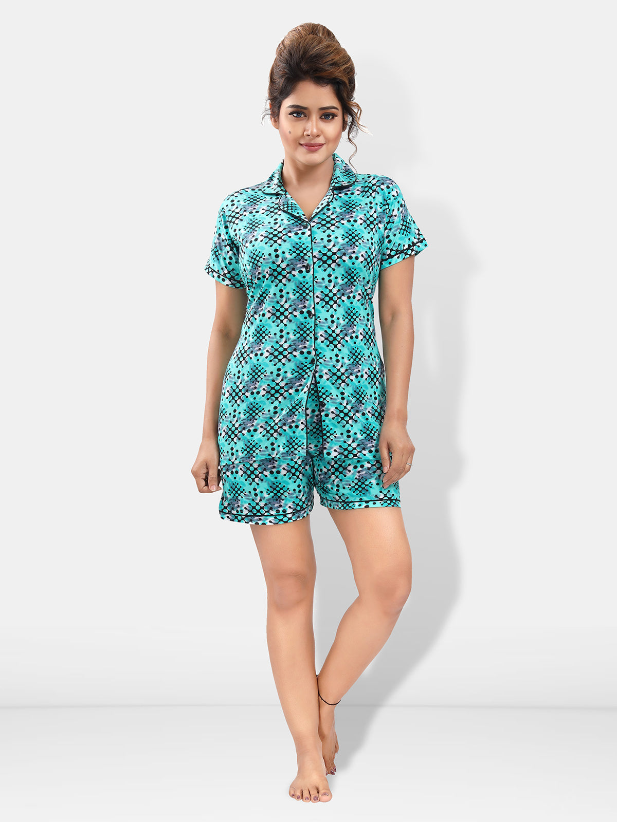 Turquoise Cotton Geometric Shirt & Shorts Night Suit