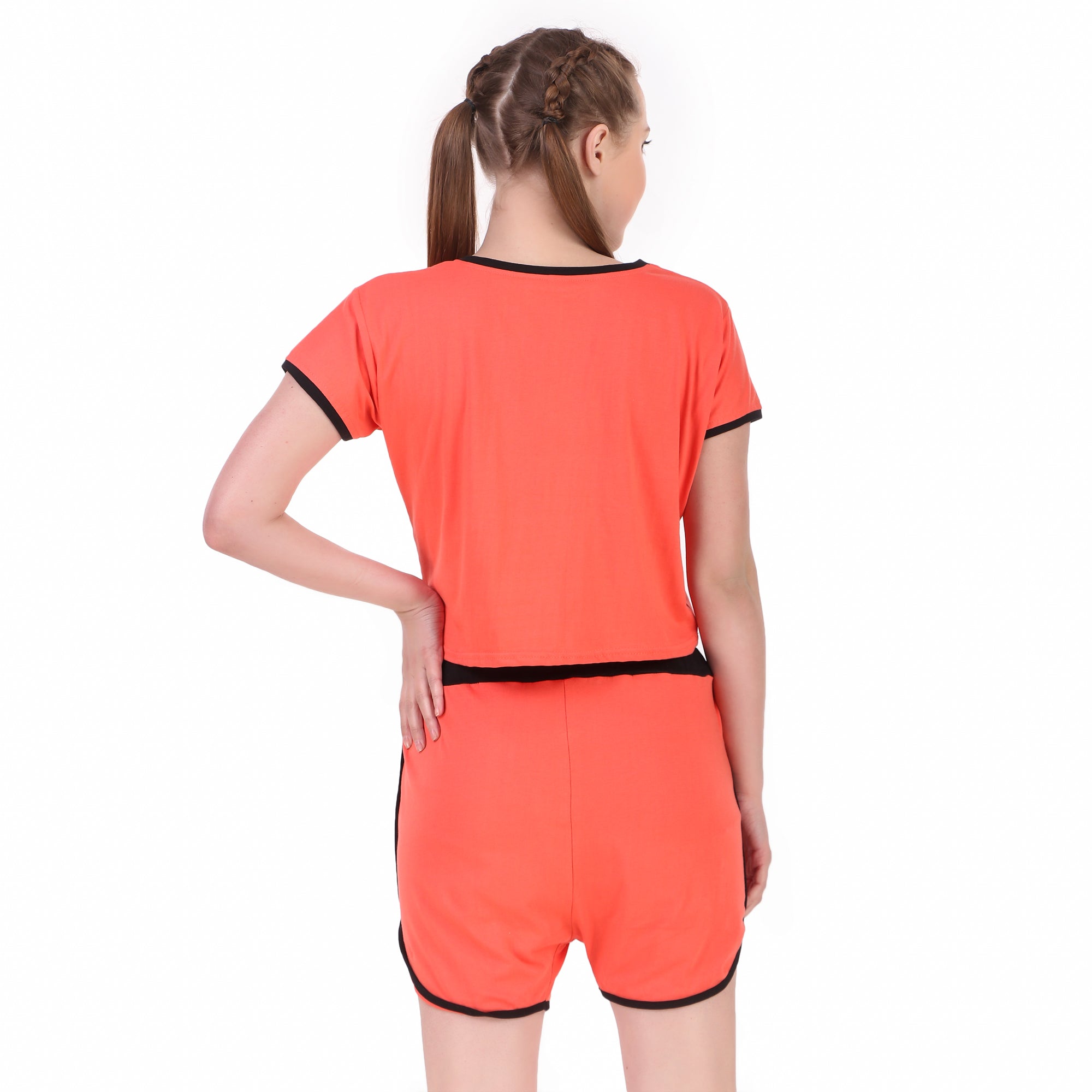 Peach Solid Cotton Crop Top & Shorts Set for Women