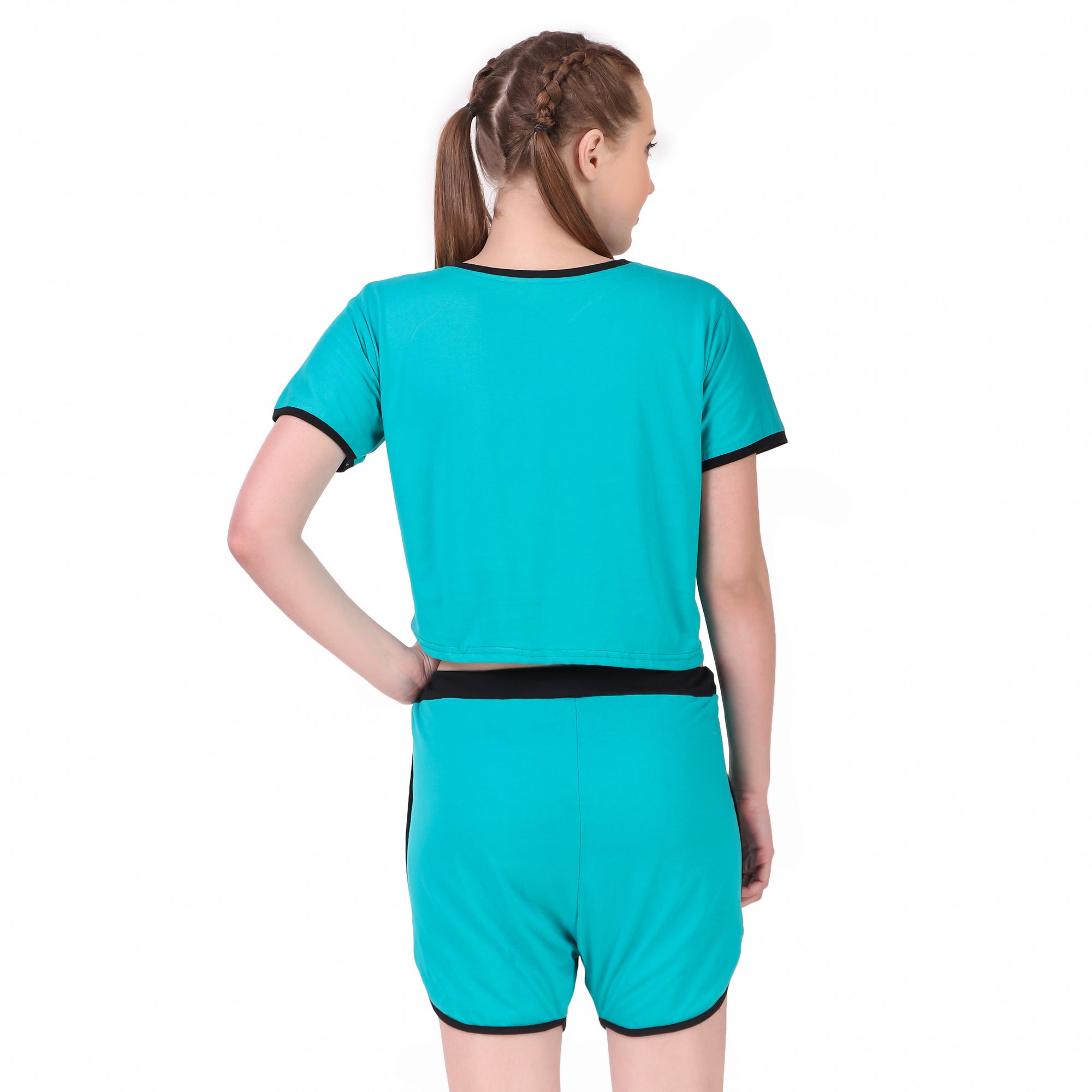 Turquoise Solid Cotton Crop Top & Shorts Set for Women