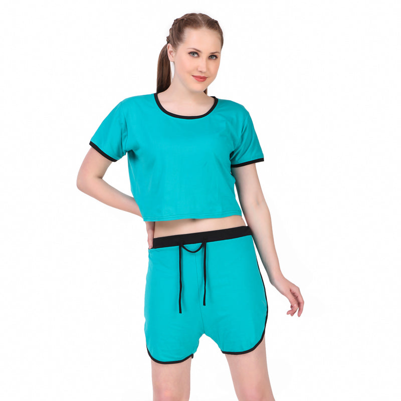 Turquoise Solid Cotton Crop Top & Shorts Set for Women