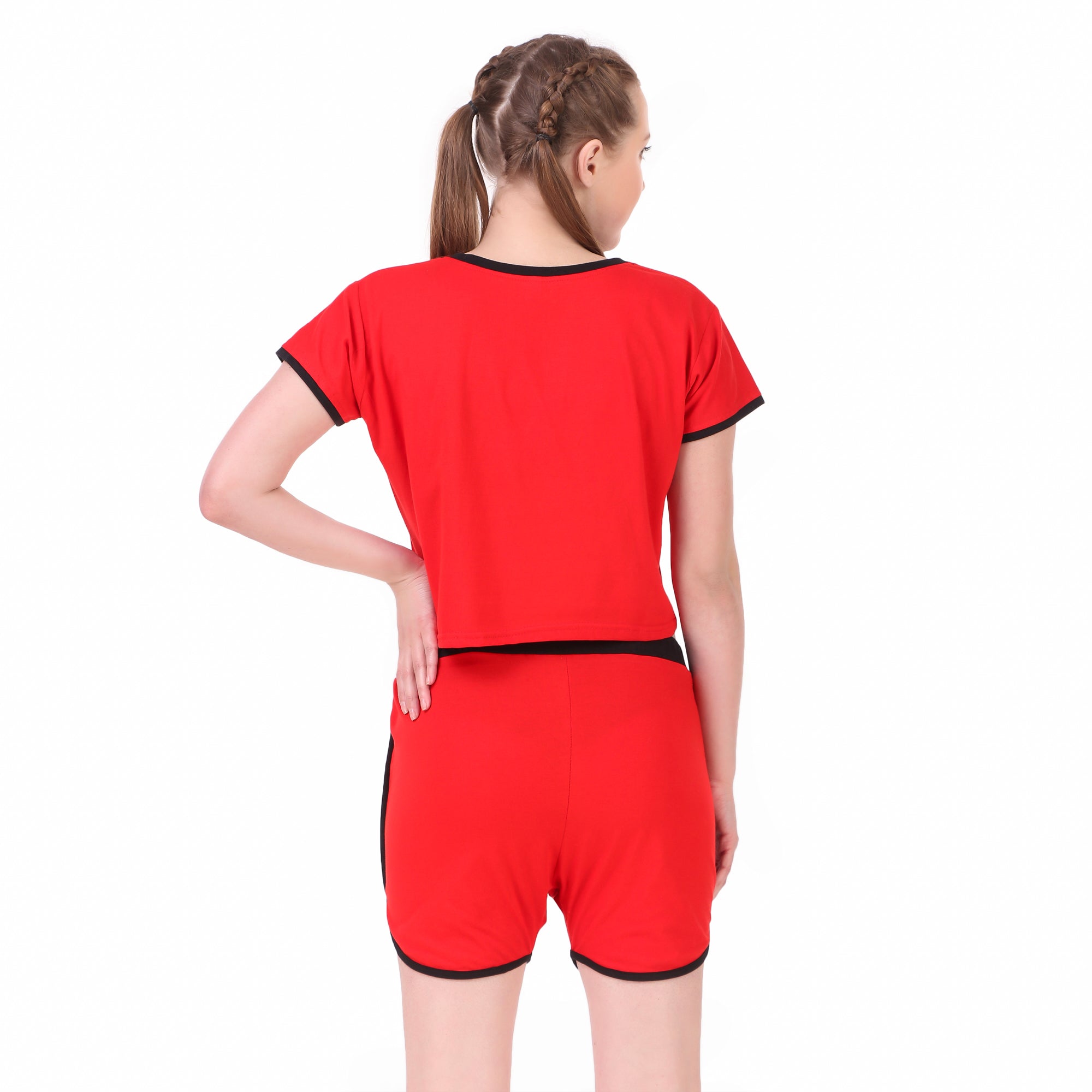 Red Solid Cotton Crop Top & Shorts Set for Women