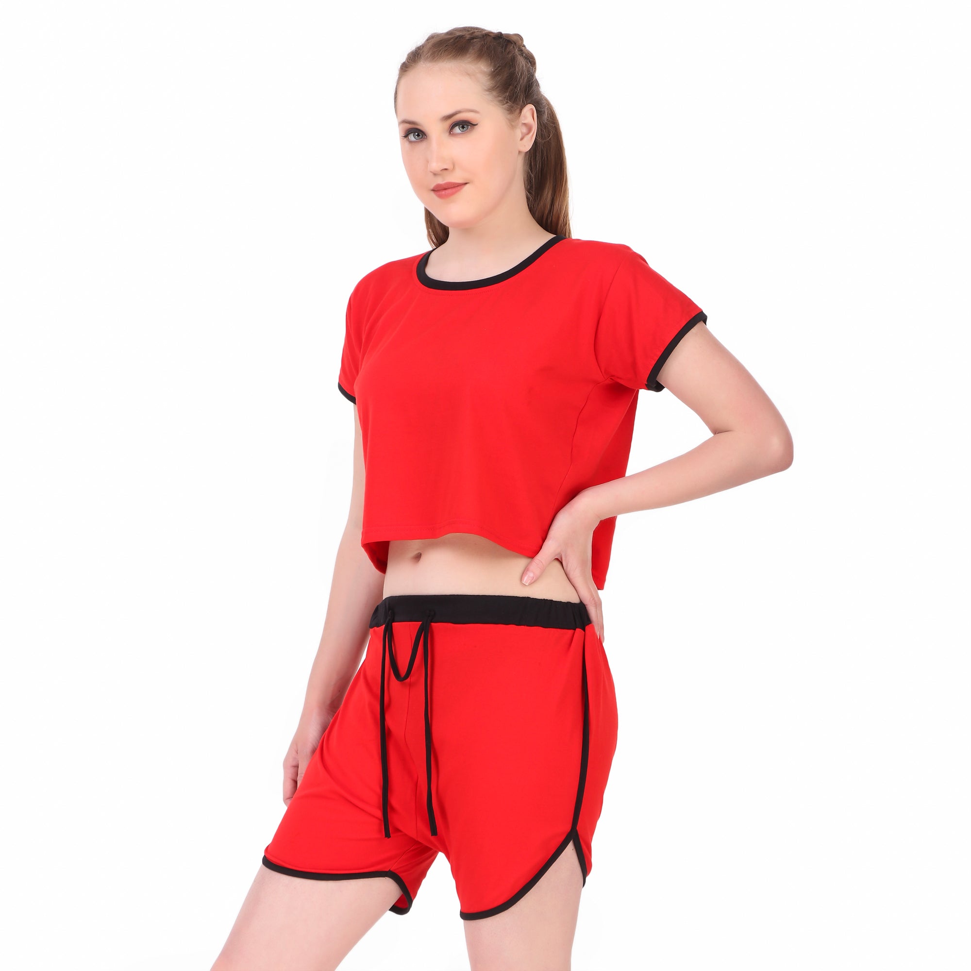 Red Solid Cotton Crop Top & Shorts Set for Women