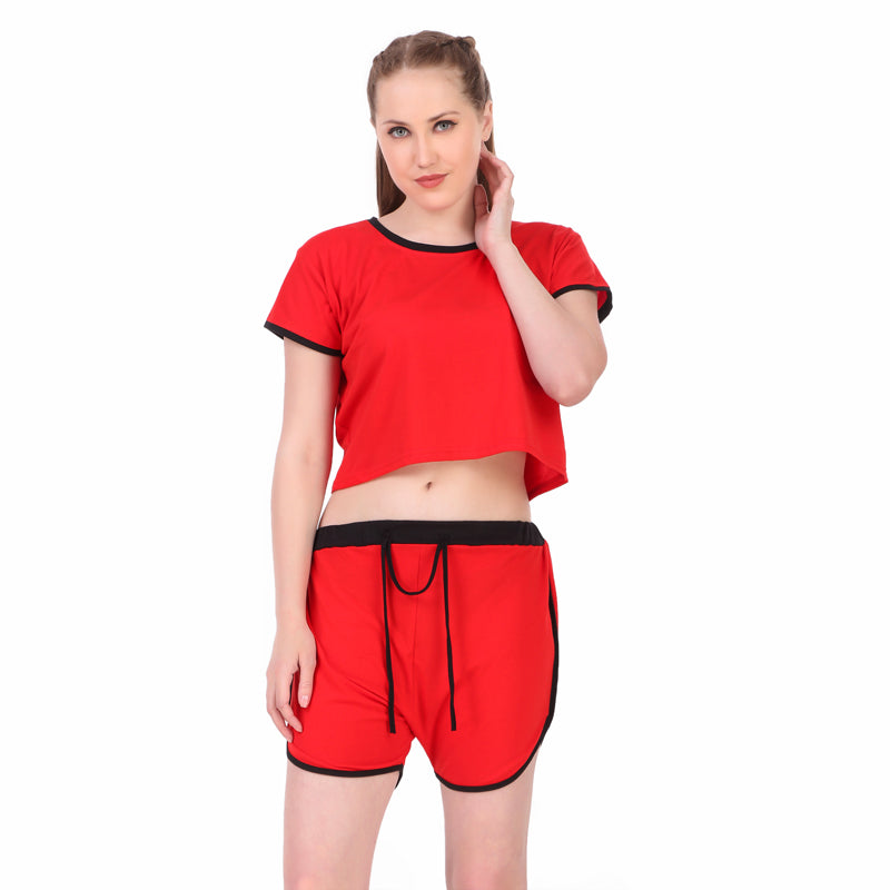 Red Solid Cotton Crop Top & Shorts Set for Women