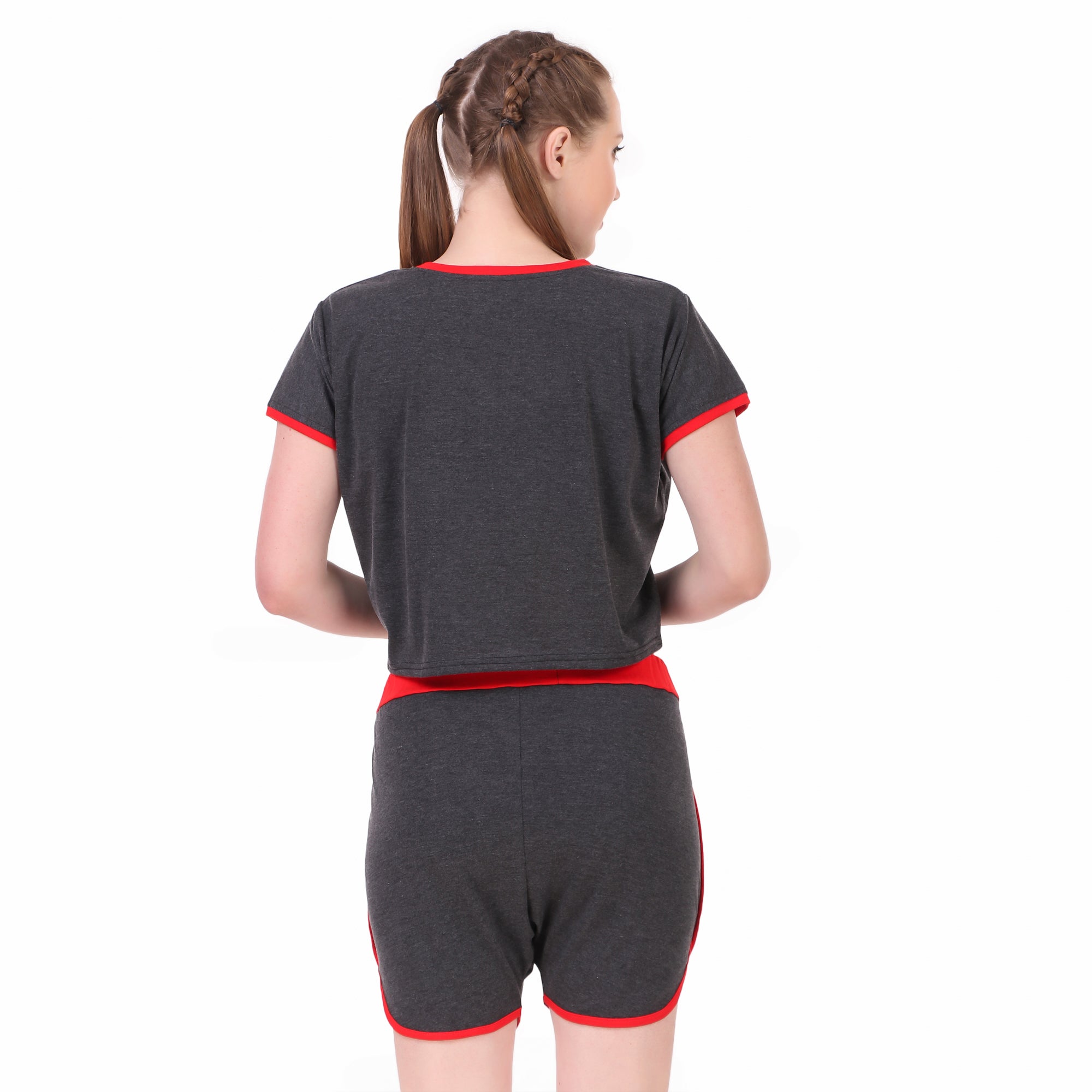 Charcoal Grey Solid Cotton Crop Top & Shorts Set for Women