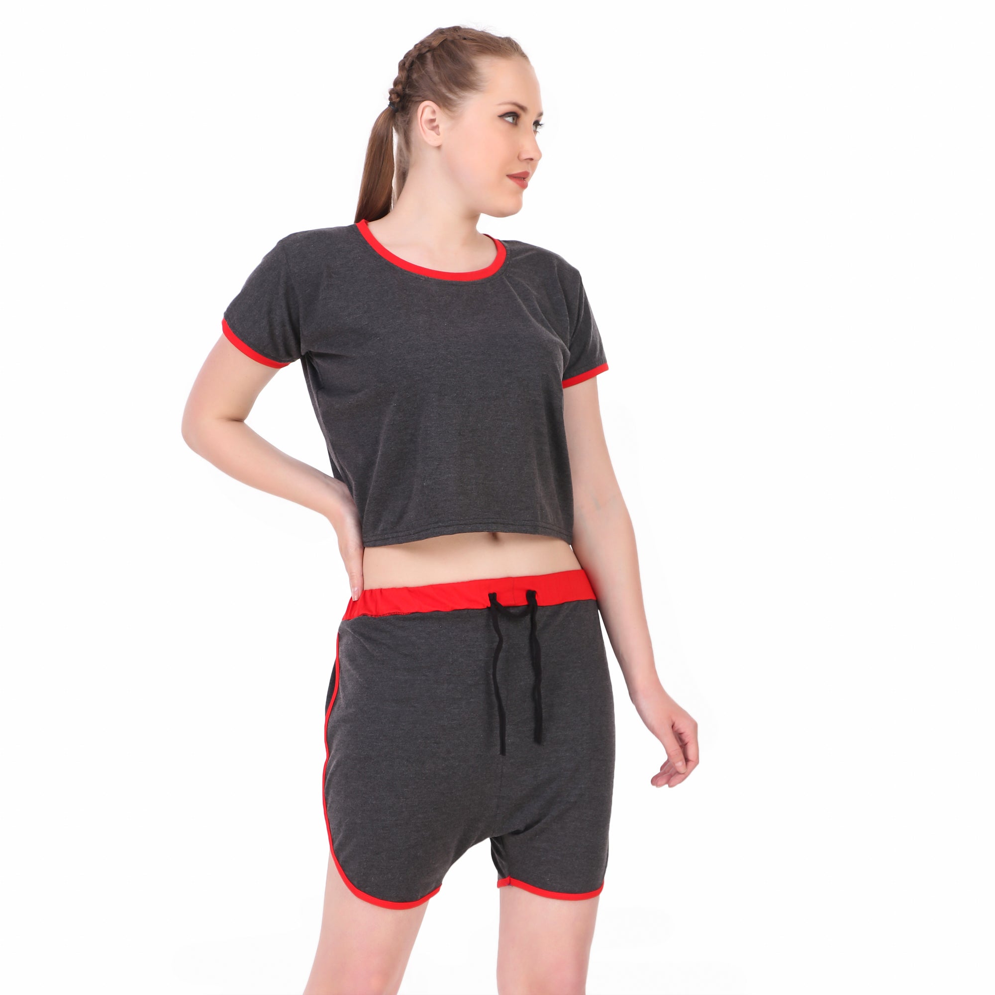 Charcoal Grey Solid Cotton Crop Top & Shorts Set for Women