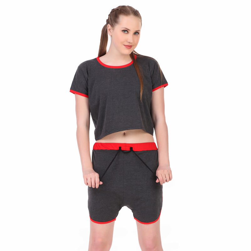 Charcoal Grey Solid Cotton Crop Top & Shorts Set for Women