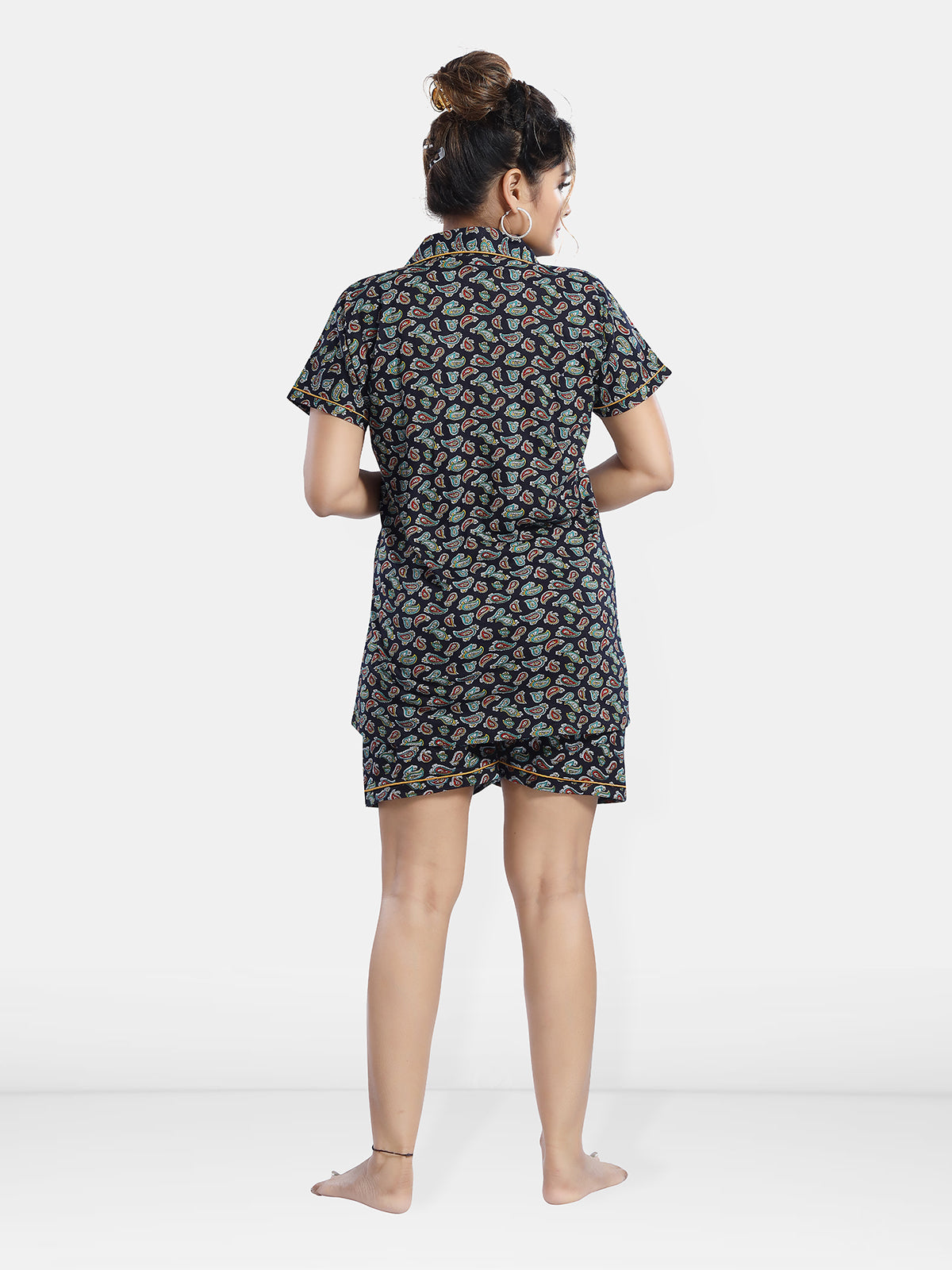 Black Multi Cotton Paisley Print Shirt & Shorts Set for Women