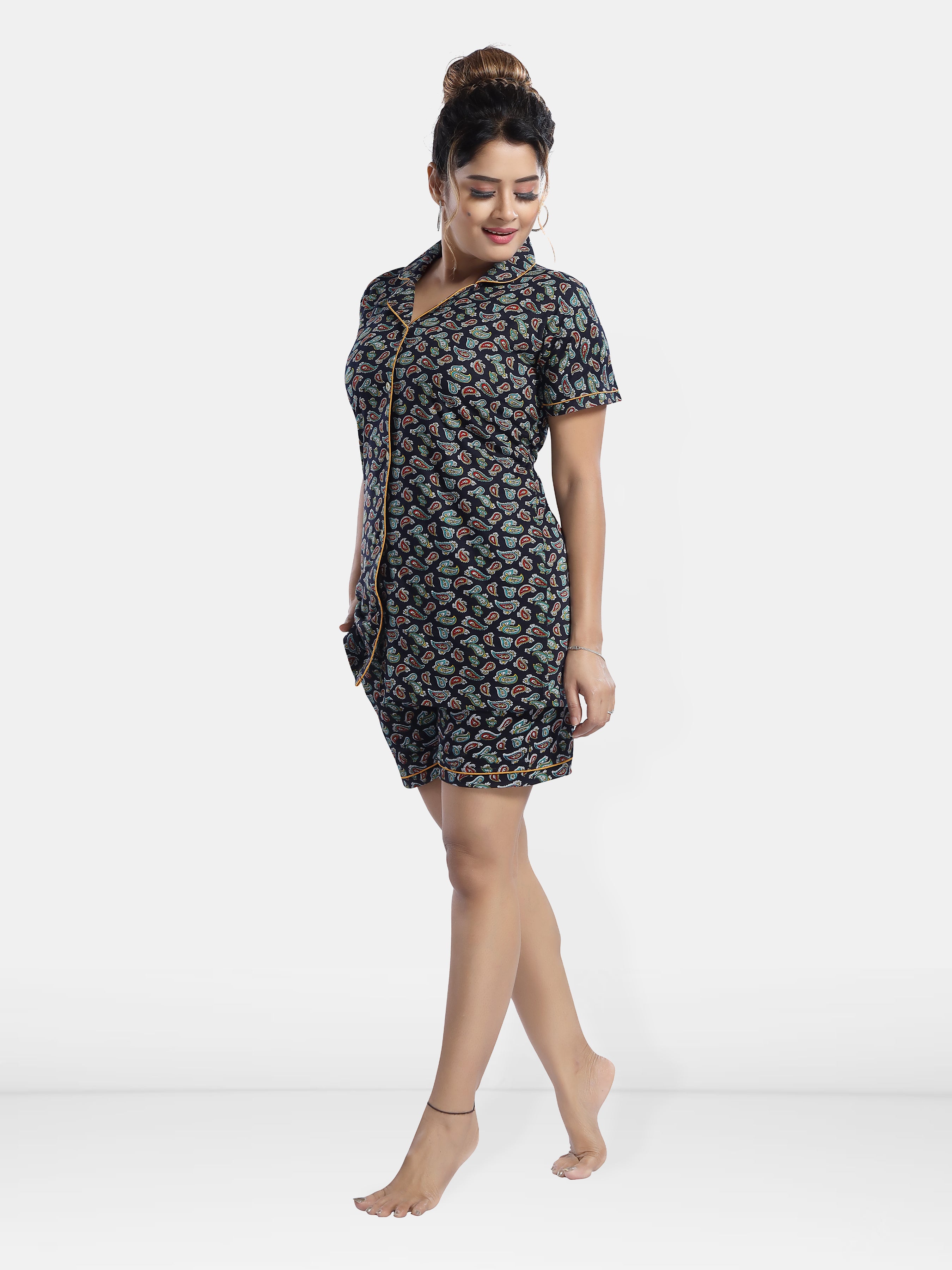 Black Multi Cotton Paisley Print Shirt & Shorts Set for Women