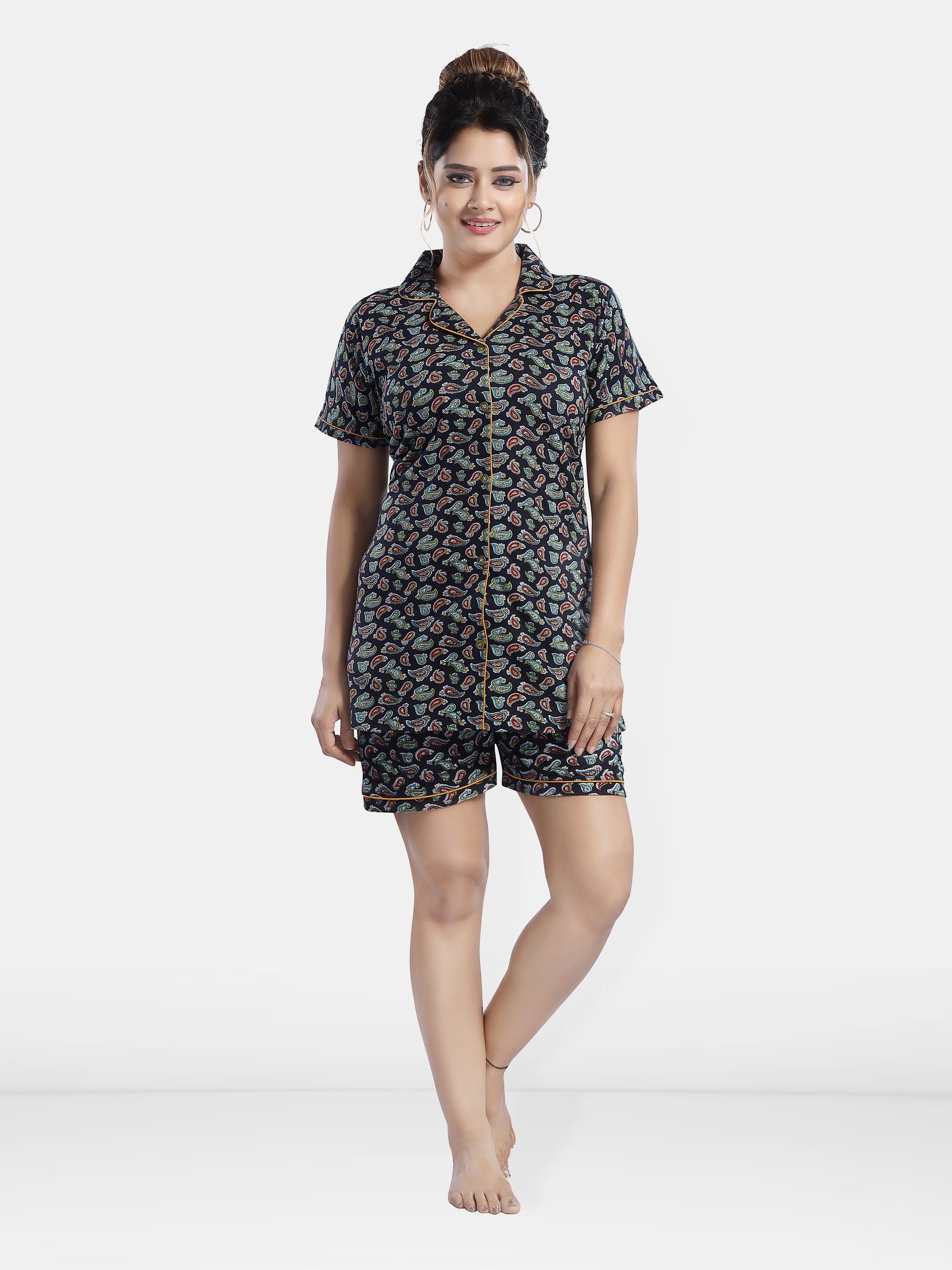 Black Multi Cotton Paisley Print Shirt & Shorts Set for Women