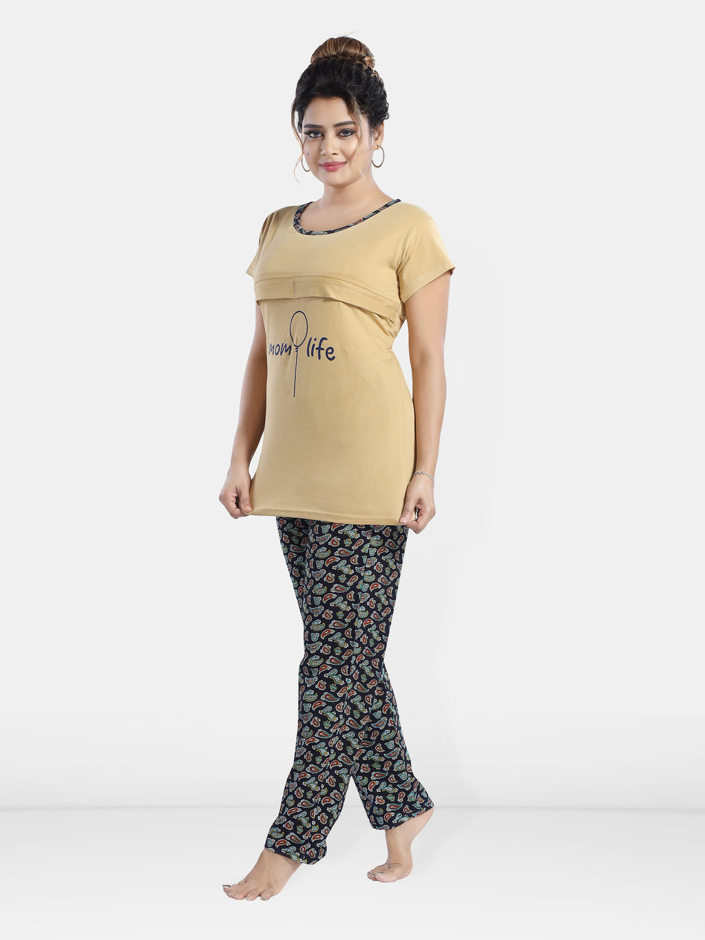 Cream Cotton Maternity Night Suit with Paisley Pyjama