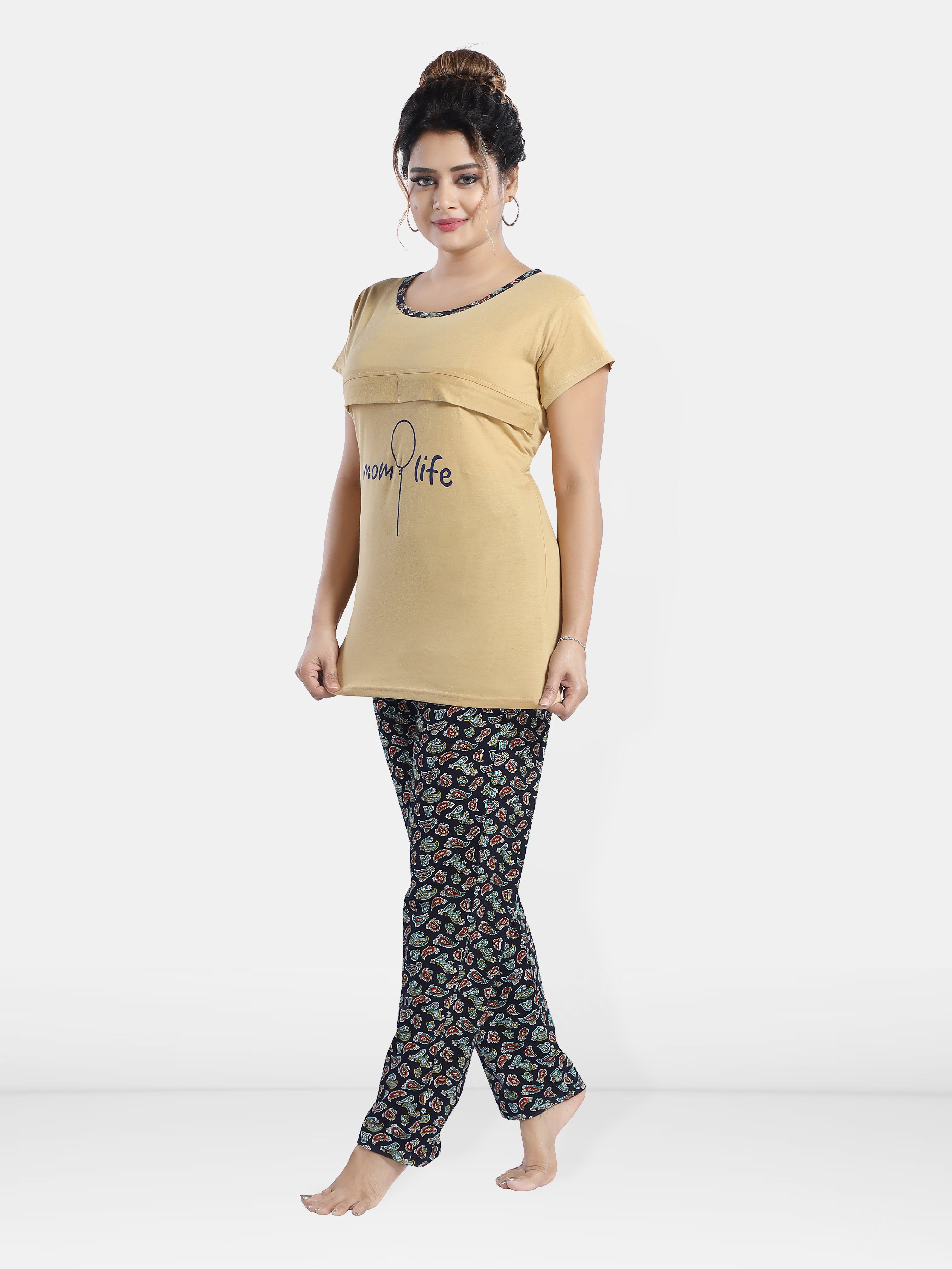 Cream Cotton Maternity Night Suit with Paisley Pyjama