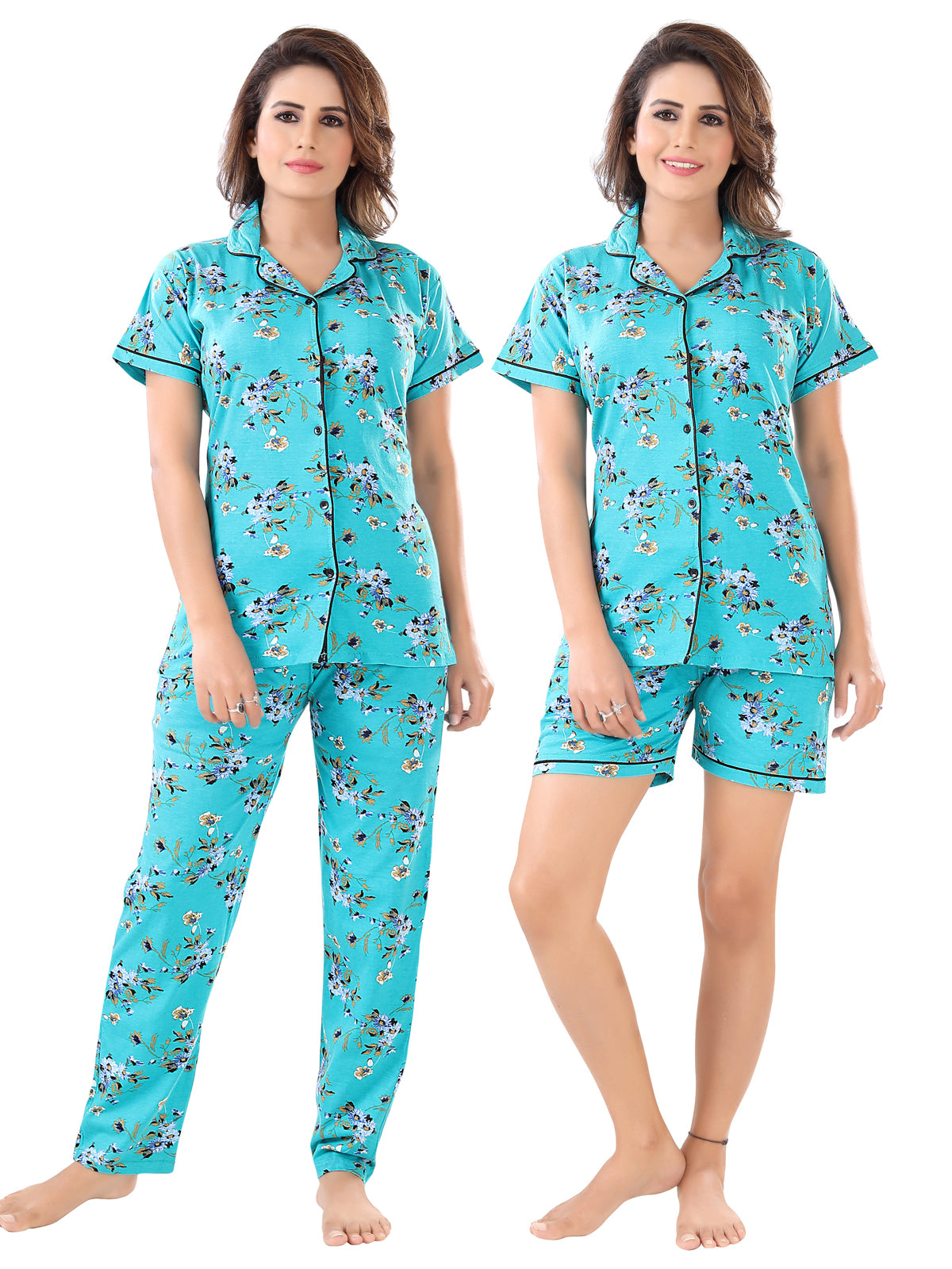 Blue Floral Cotton Night Suit Pack of 3