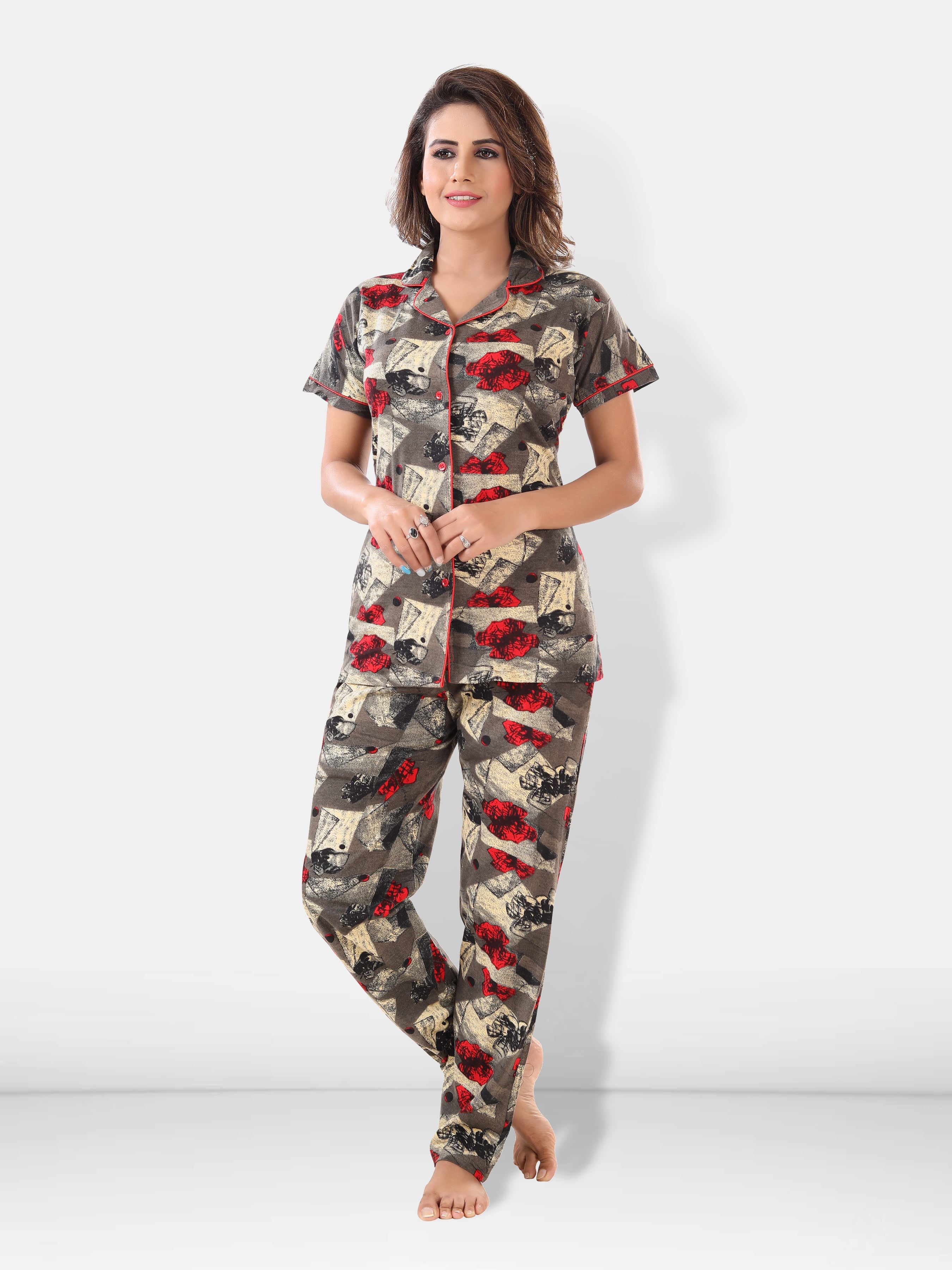 Brown Printed Cotton Night Suit Set Pack of 3