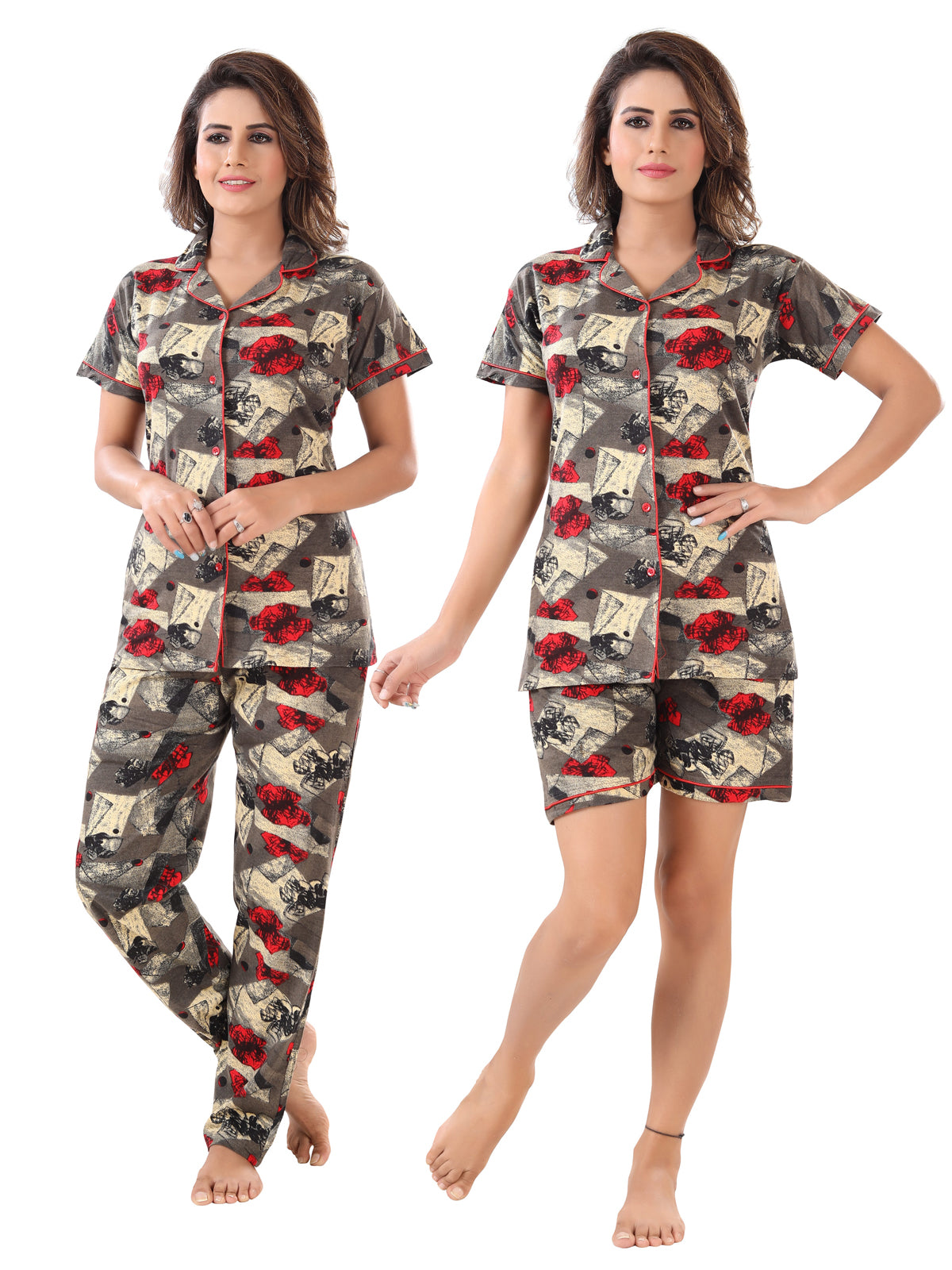 Brown Printed Cotton Night Suit Set Pack of 3