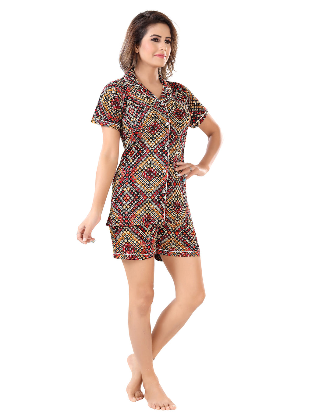 Multicolor Bandhani Print Cotton Night Suit Pack of 3 for Women