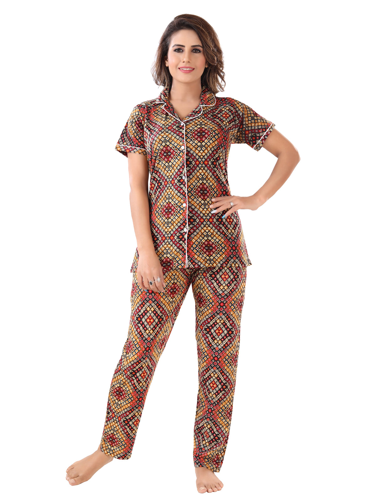 Multicolor Bandhani Print Cotton Night Suit Pack of 3 for Women