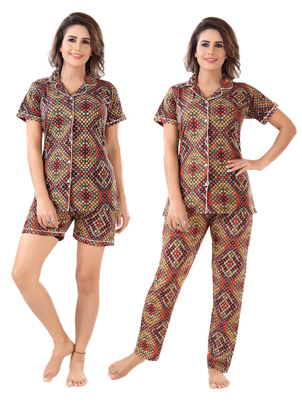 Multicolor Bandhani Print Cotton Night Suit Pack of 3 for Women