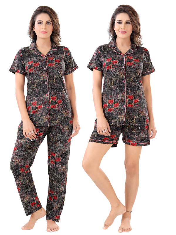 Cotton Pajama & Shorts with Shirt Night Suit Pack of 3 for Women