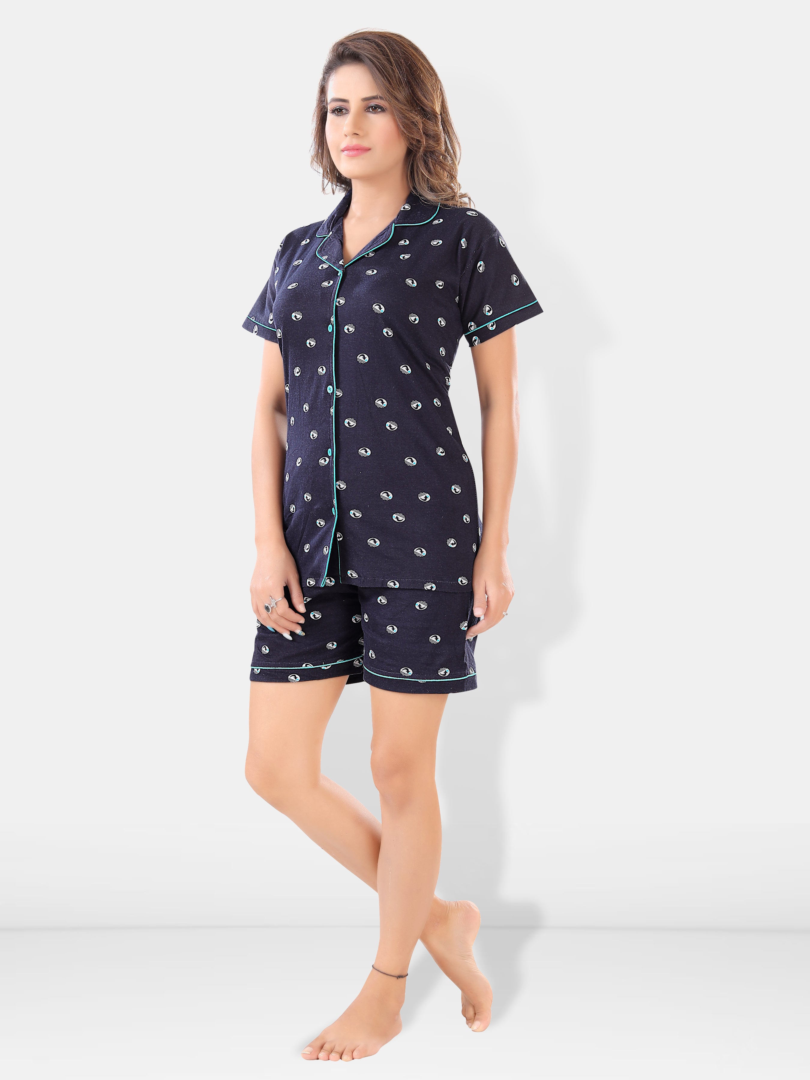 Black Geometric Print Cotton Shirt, Pajama & Shorts Night Suit Pack of 3 for Women