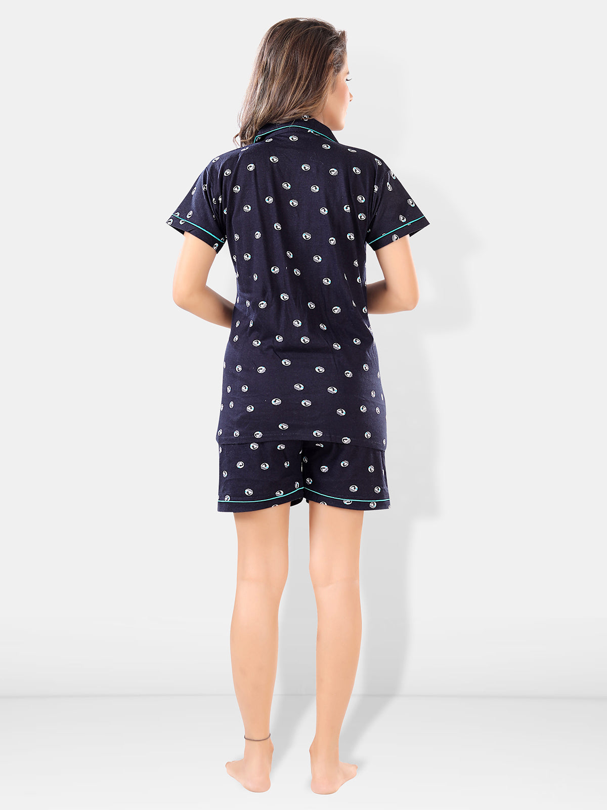 Black Geometric Print Cotton Shirt, Pajama & Shorts Night Suit Pack of 3 for Women