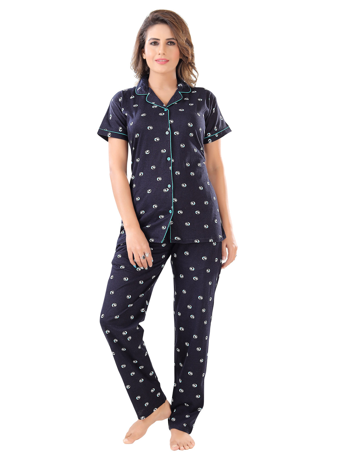 Black Geometric Print Cotton Shirt, Pajama & Shorts Night Suit Pack of 3 for Women