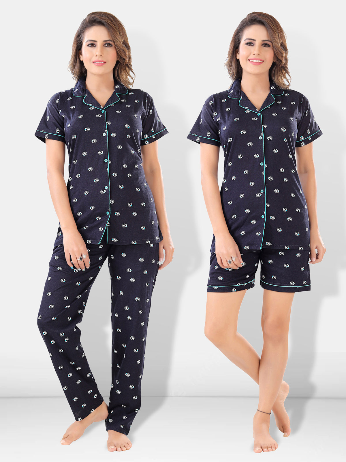 Black Geometric Print Cotton Shirt, Pajama & Shorts Night Suit Pack of 3 for Women