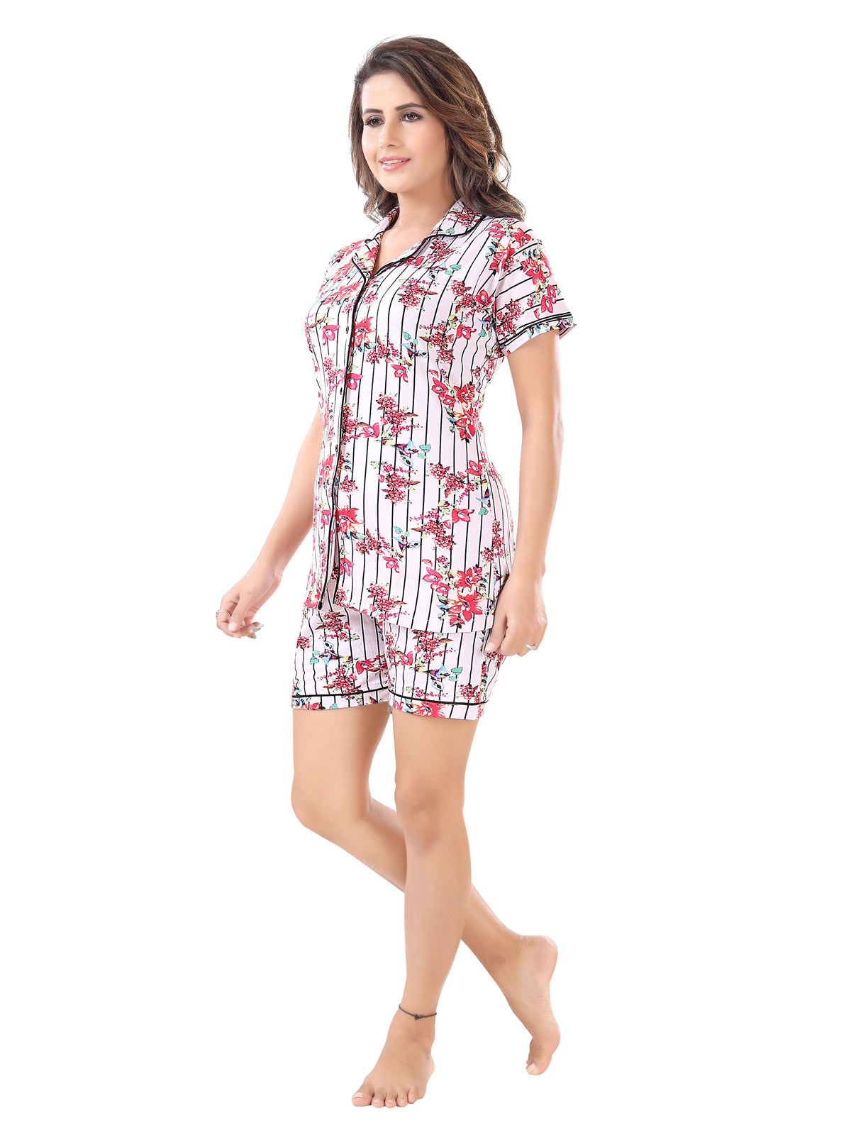 Botanical Print Cotton Night Shirt & Shorts 