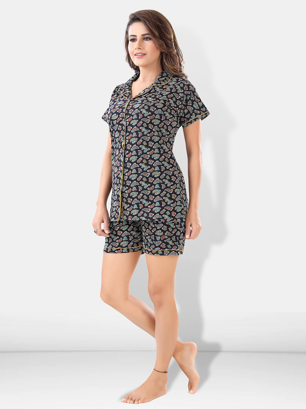 Multi Paisley Print Cotton Shirt, Pajama & Shorts Night Suit Pack of 3 for Women