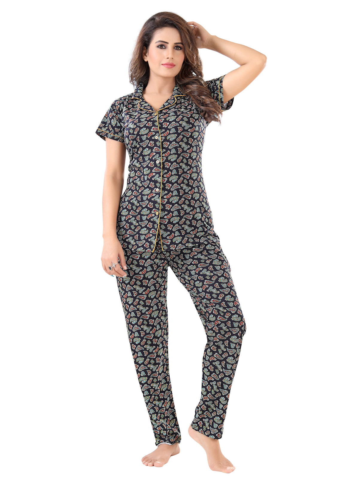 Multi Paisley Print Cotton Shirt, Pajama & Shorts Night Suit Pack of 3 for Women