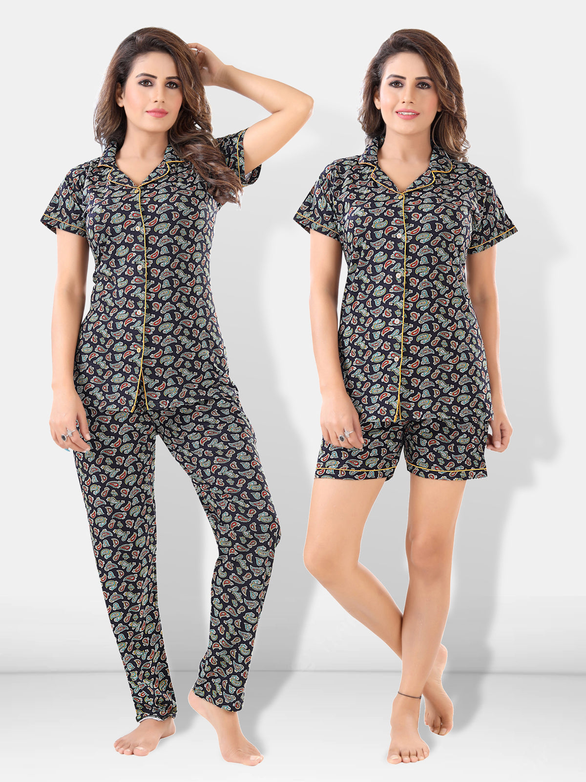 Multi Paisley Print Cotton Shirt, Pajama & Shorts Night Suit Pack of 3 for Women