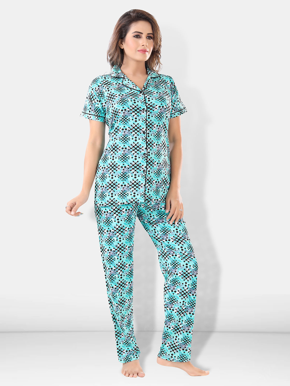 Turquoise Cotton Geometric Night Suit Set