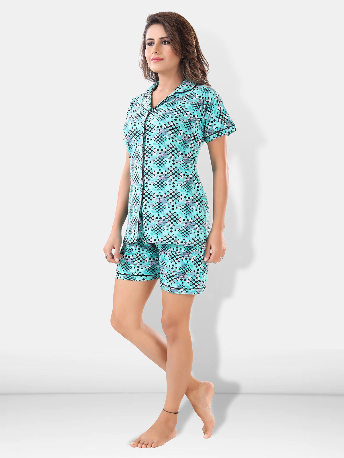 Turquoise Cotton Geometric Night Suit Set