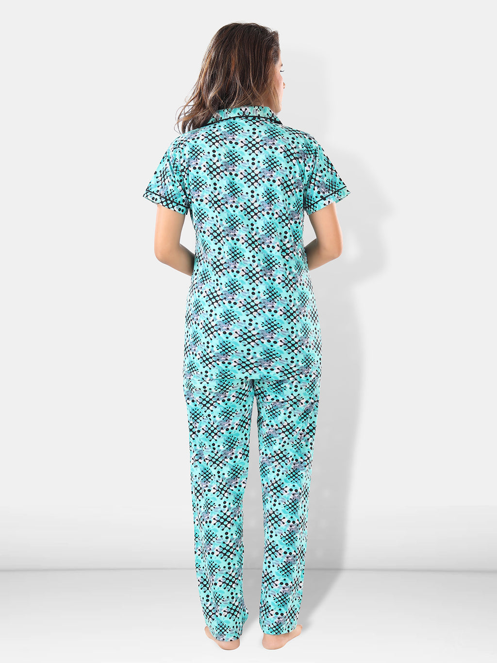 Turquoise Cotton Geometric Night Suit Set