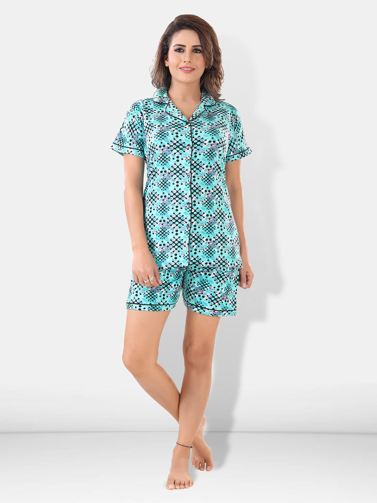 Turquoise Cotton Geometric Night Suit Set