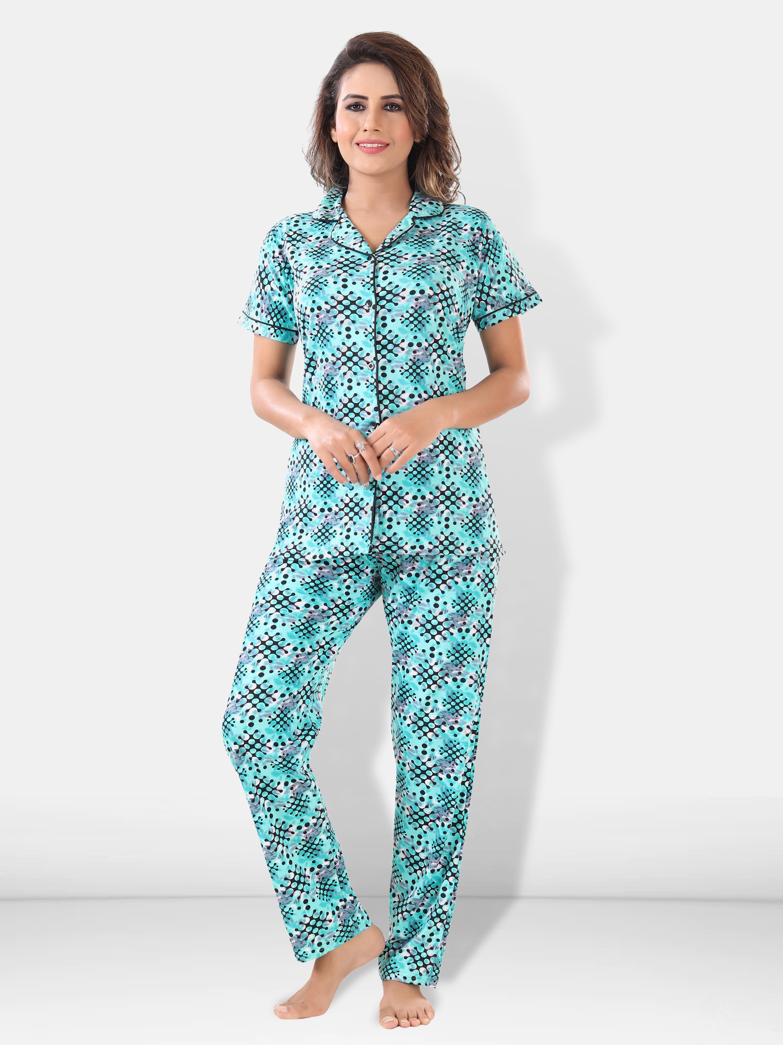 Turquoise Cotton Geometric Night Suit Set