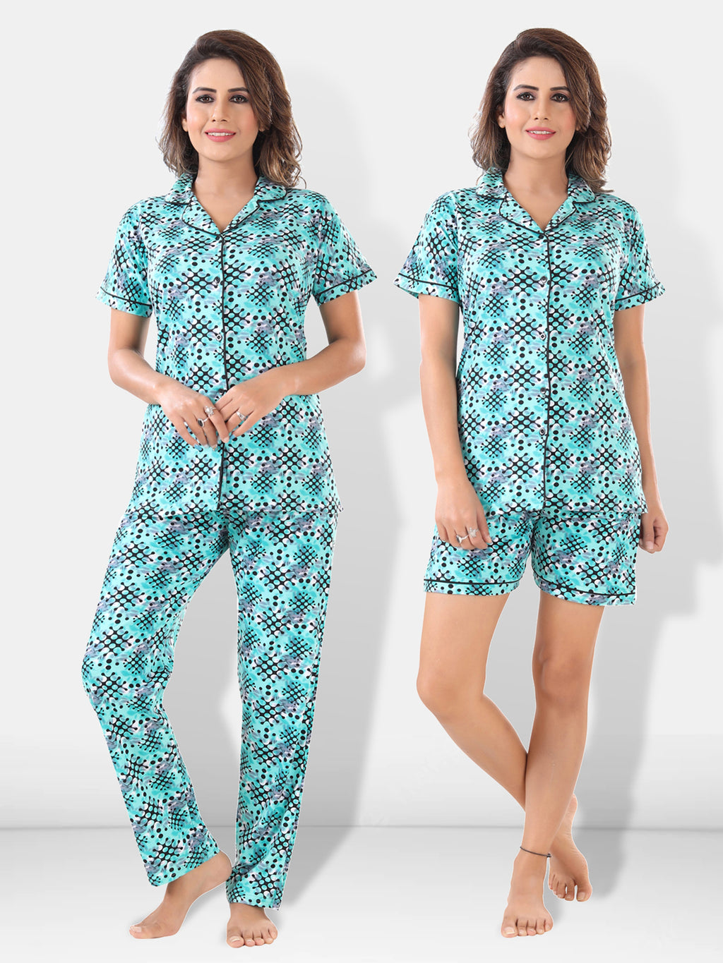 Turquoise Cotton Geometric Night Suit Set