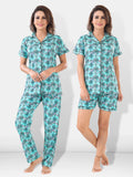Turquoise Cotton Geometric Night Suit Set