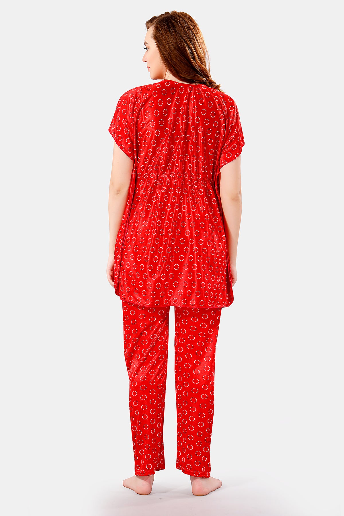 Red Satin Polka Dots Half Sleeves Pack of 1 Kaftan Top with 1 pajama for Women