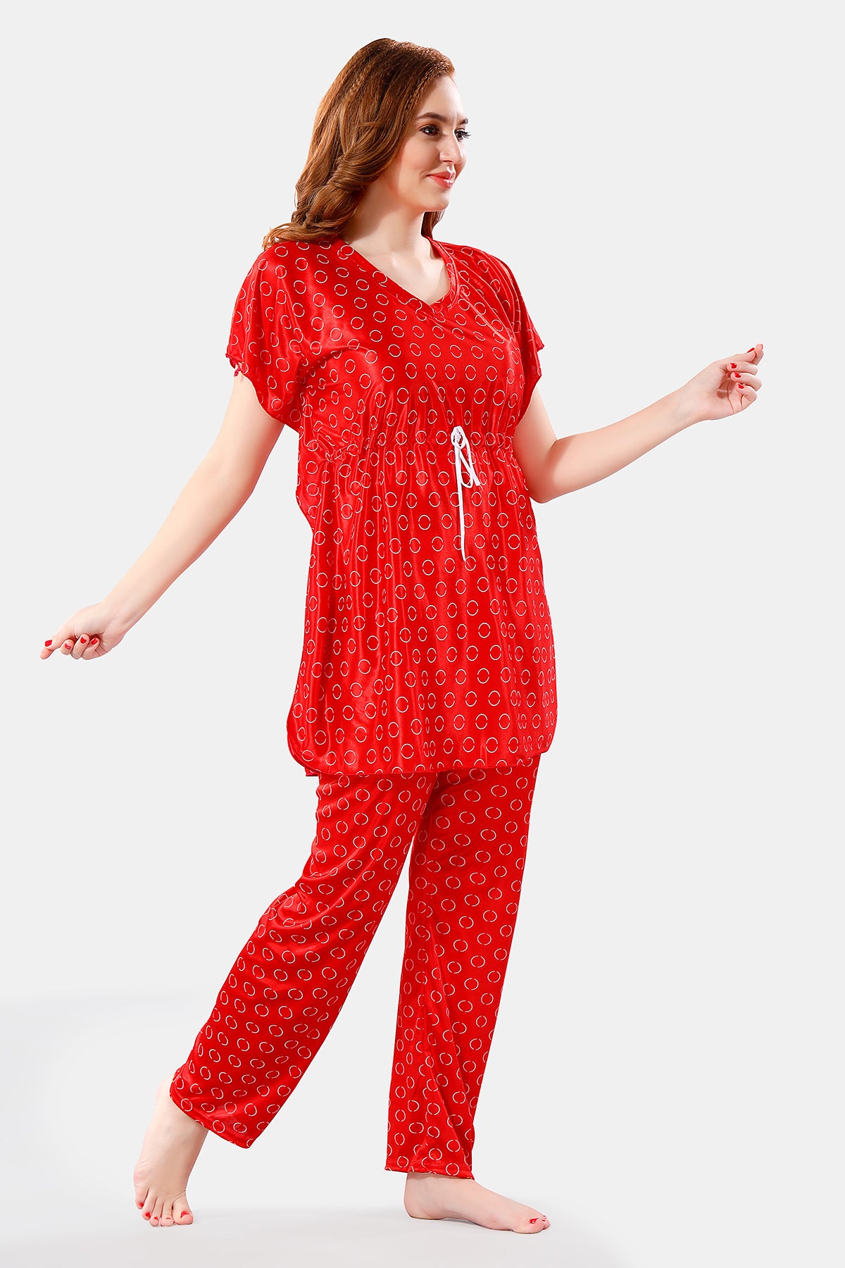 Red Satin Polka Dots Half Sleeves Pack of 1 Kaftan Top with 1 pajama for Women